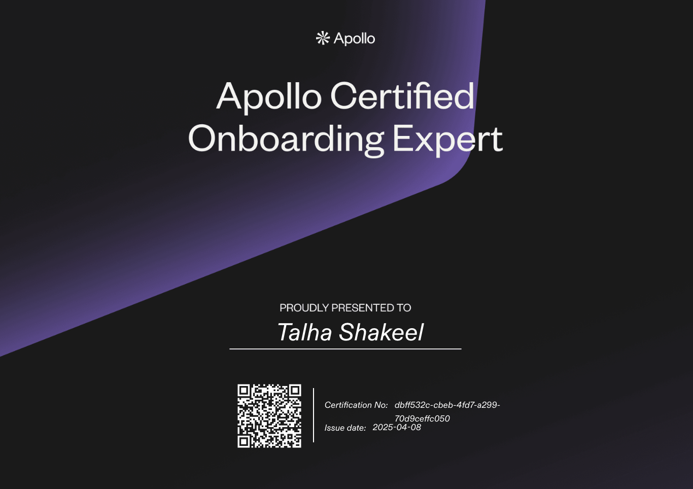 Apollo Certified Onboarding Expert certificate awarded to Talha Shakeel
