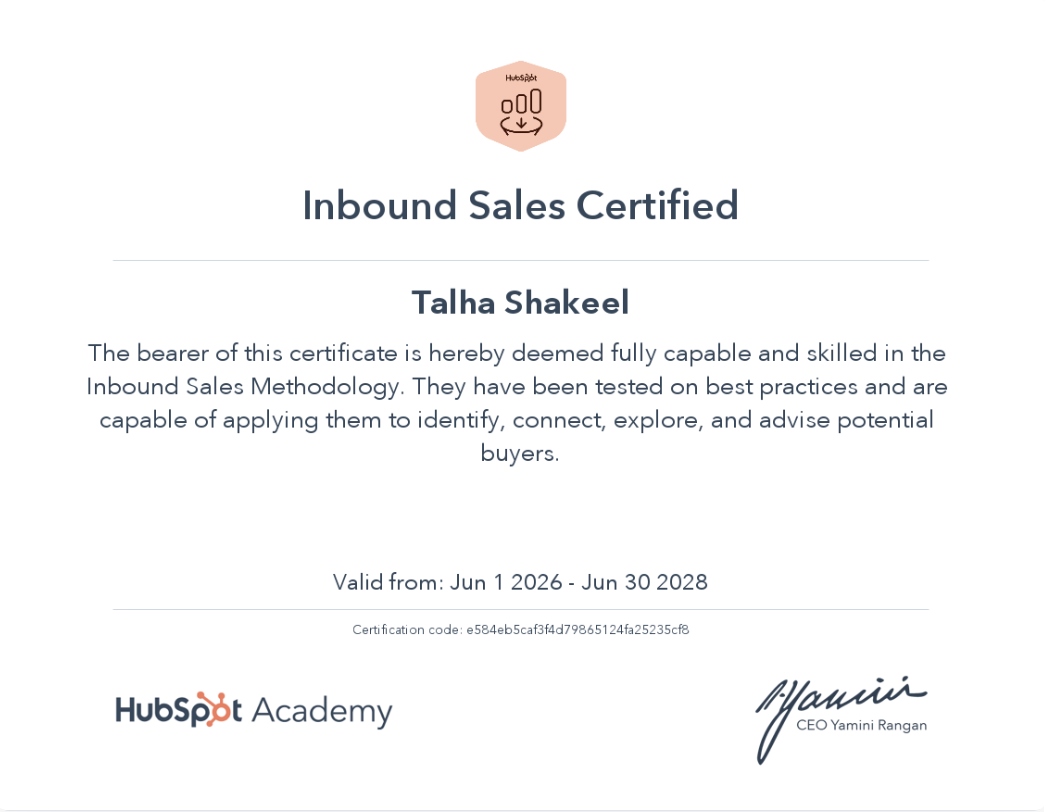 HubSpot Inbound Sales certification awarded to Talha Shakeel