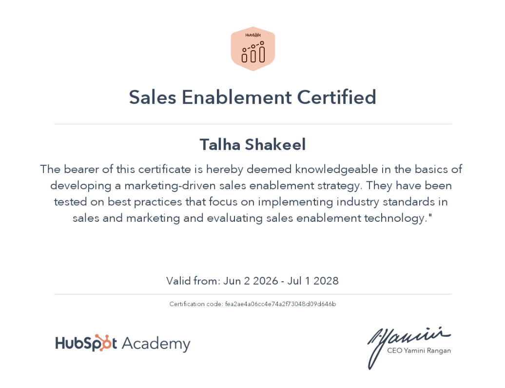 HubSpot Sales Enablement certification awarded to Talha Shakeel