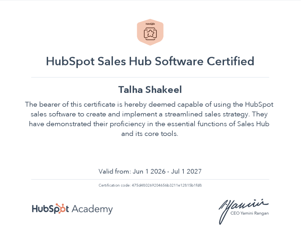 HubSpot Sales Hub Software certification awarded to Talha Shakeel