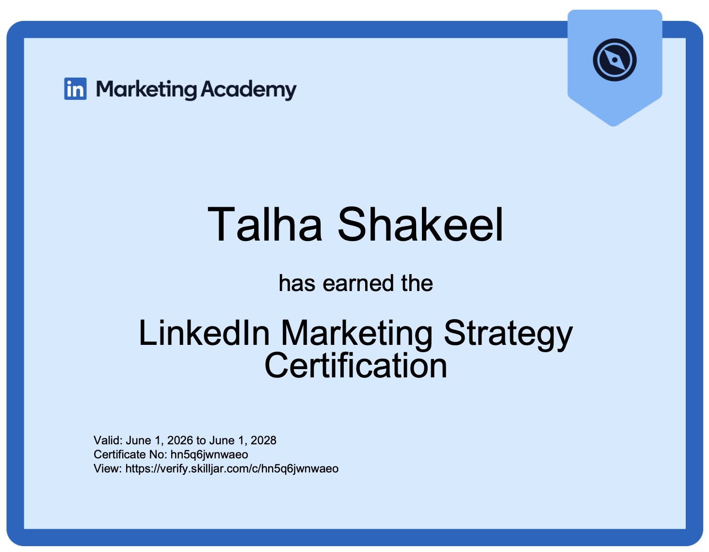 LinkedIn Marketing Strategy certification awarded to Talha Shakeel