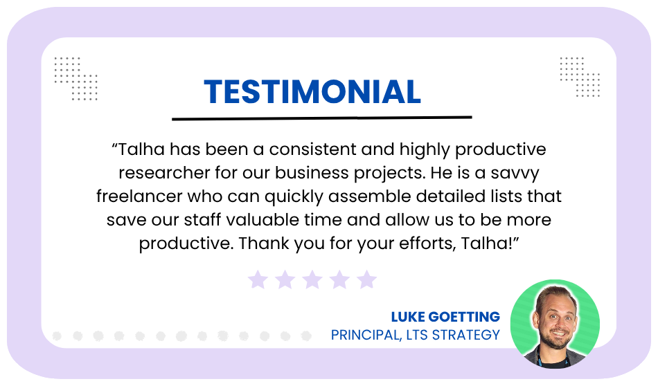 Client testimonial from Luke Goetting, Principal at LTS Strategy