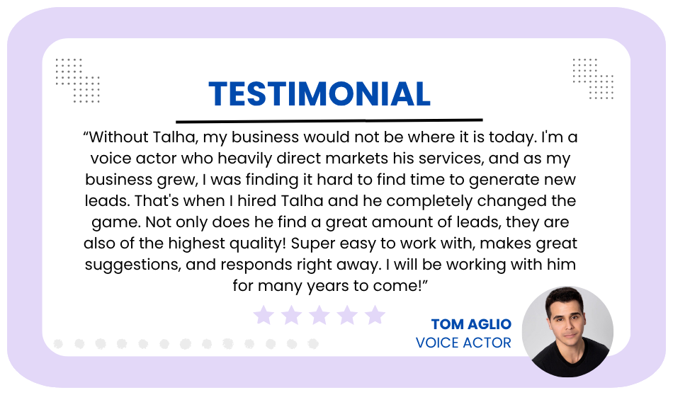 Client testimonial from Tom Aglio, Voice Actor